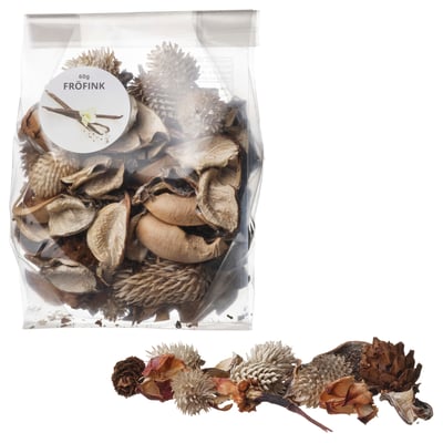 Plastic bag with dried flowers & pine cones.