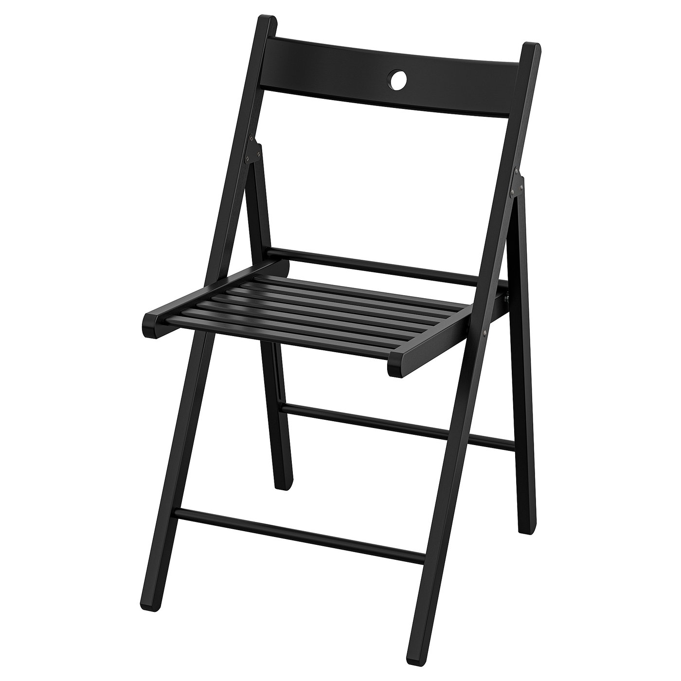 Black foldable wooden chair with slatted seat. Elegant minimalist design, ideal for extra seating or compact storage.