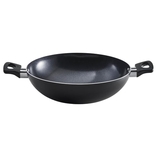Black FRUKTKAKA kadai wok, aluminium, round, two black handles.