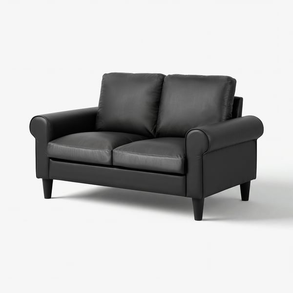 Modern black loveseat with rolled arms and tapered legs, sleek and comfortable.