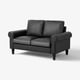 Modern black loveseat with rolled arms and tapered legs, sleek and comfortable.