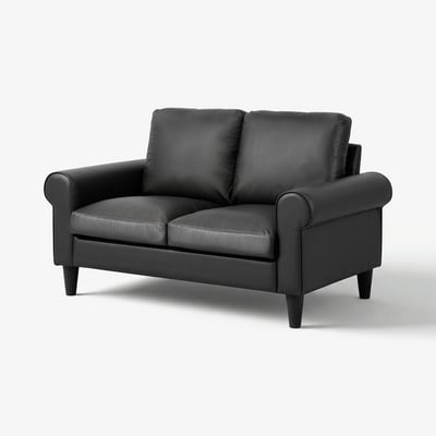 Modern black loveseat with rolled arms and tapered legs, sleek and comfortable.