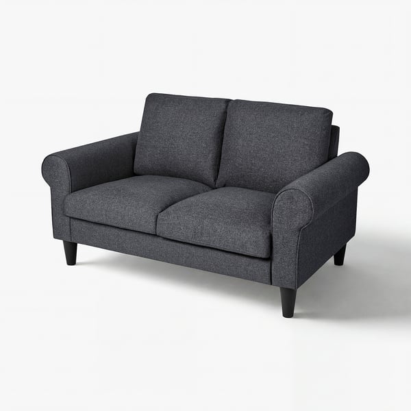 GAMMALBYN grey fabric sofa, compact, rolled arms, dark wood legs.