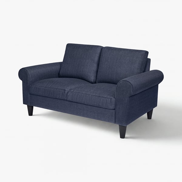 Gammalbyen blue sofa, rolled arms, dark timber legs, recycled polyester fabric.