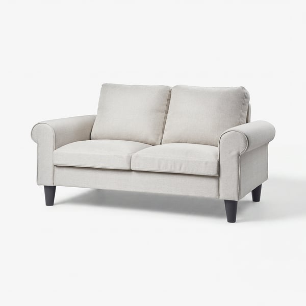 A light grey gammalyn sofa with rolled arms and dark wooden legs. Its modern and comfortable.