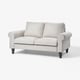 A light grey gammalyn sofa with rolled arms and dark wooden legs. Its modern and comfortable.