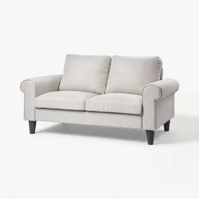 A light grey gammalyn sofa with rolled arms and dark wooden legs. Its modern and comfortable.