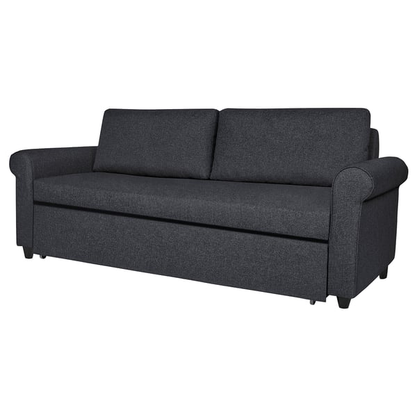 Dark grey GAMMALBYN sofa-bed with rolled arms and storage. Modern and compact design.