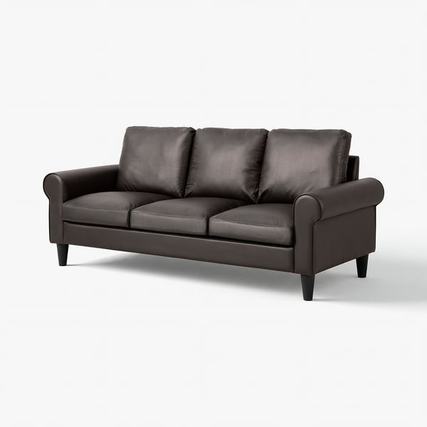 Modern grey leather sofa, GAMMALBYN. Rolled arms, plush cushions, sleek design.