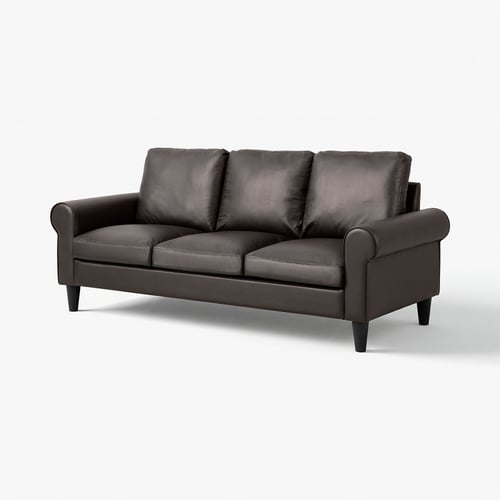 Modern grey leather sofa, GAMMALBYN. Rolled arms, plush cushions, sleek design.