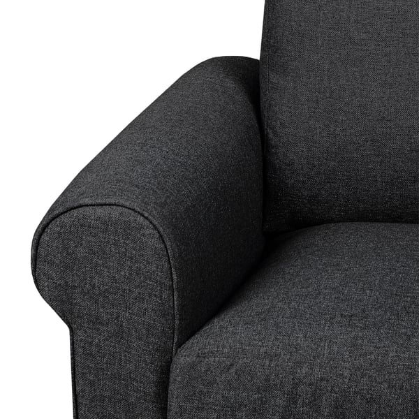Dark grey sofa armrest, plush and inviting, showcasing high-quality fabric and sturdy construction.