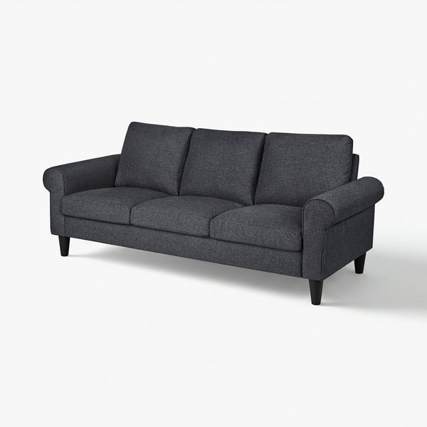 Gammalyn sofa: dark grey, curved arms, rolled edges, upholstered in fabric, modern classic design.