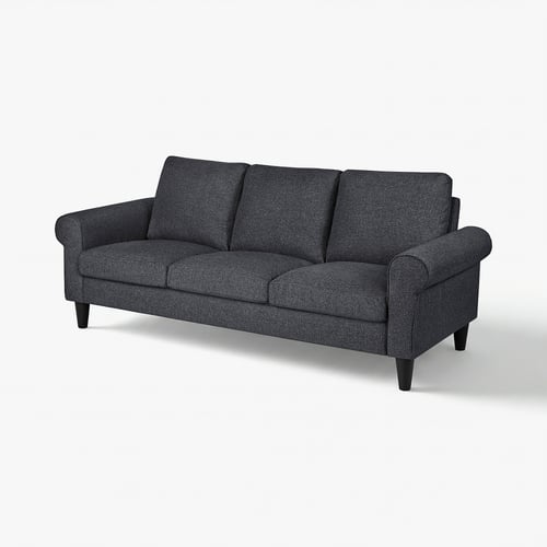 Gammalyn sofa: dark grey, curved arms, rolled edges, upholstered in fabric, modern classic design.
