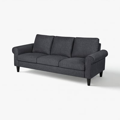 Gammalyn sofa: dark grey, curved arms, rolled edges, upholstered in fabric, modern classic design.