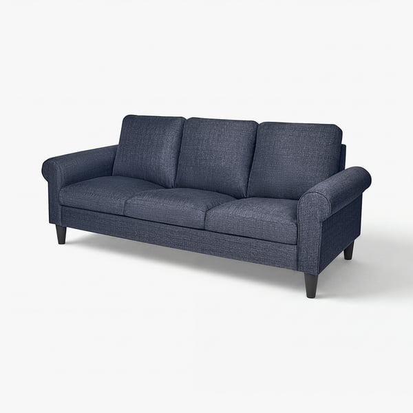 Dark blue GAMMALBYN sofa, three cushions, rolled arms, wooden legs.