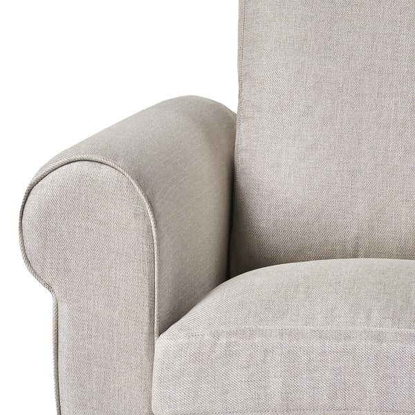 Modern grey armchair, curved armrests, and high back, upholstered in textured fabric.