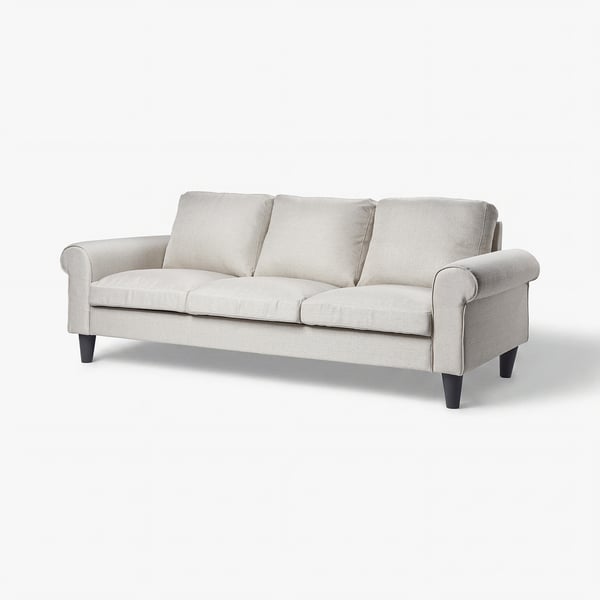 Light grey GAMMALBYN sofa, rolled arm design, soft cushions, sturdy wooden legs.