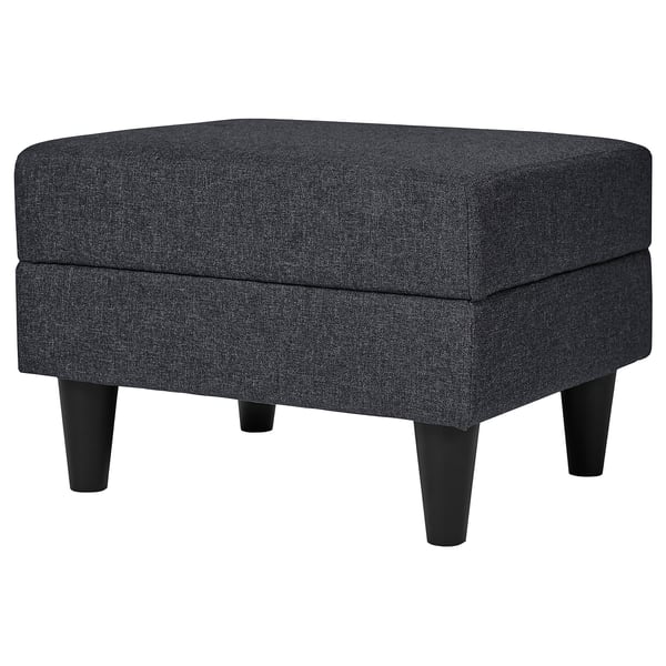 A gammalyn footstool, sleek and grey, featuring a rectangular shape with tapered black legs, perfect for resting feet.