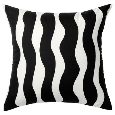 Black & white striped pillow with wavy design, square shape, recycled polyester material.
