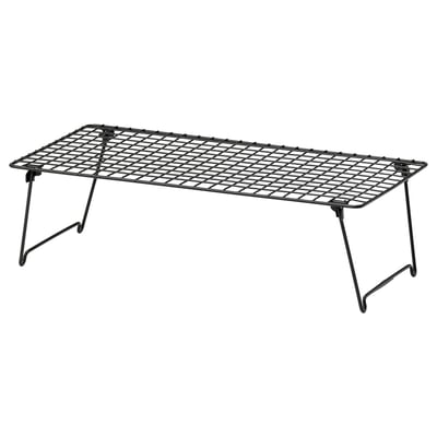 A black GREJIG shoe rack with a grid design and foldable legs made of steel and polyethylene coating.