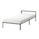 A GRIMSBU bed in grey with a white mattress, featuring a minimalist design with a metal frame and slatted base.