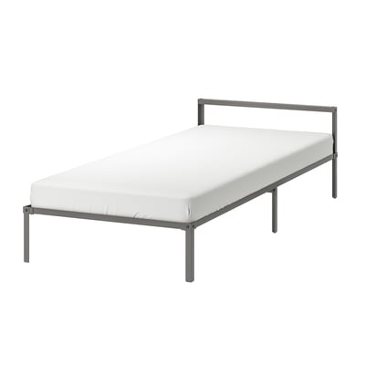 GRIMSBU bed, white, metal frame, low profile, simple design.