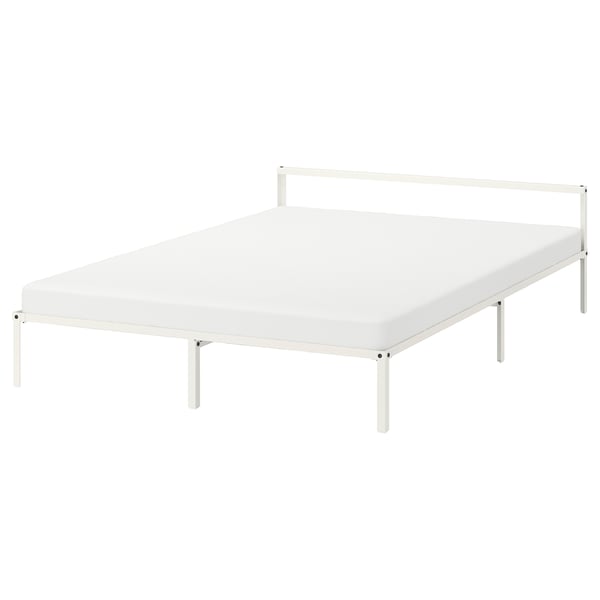 Minimalist white GRIMSBU bed frame with steel finish, low profile, clean lines, and modern style.