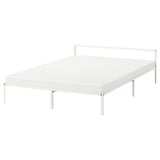 Minimalist white GRIMSBU bed frame with steel finish, low profile, clean lines, and modern style.