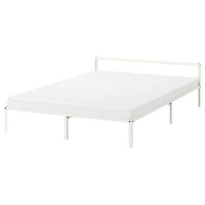 Minimalist white GRIMSBU bed frame with steel finish, low profile, clean lines, and modern style.