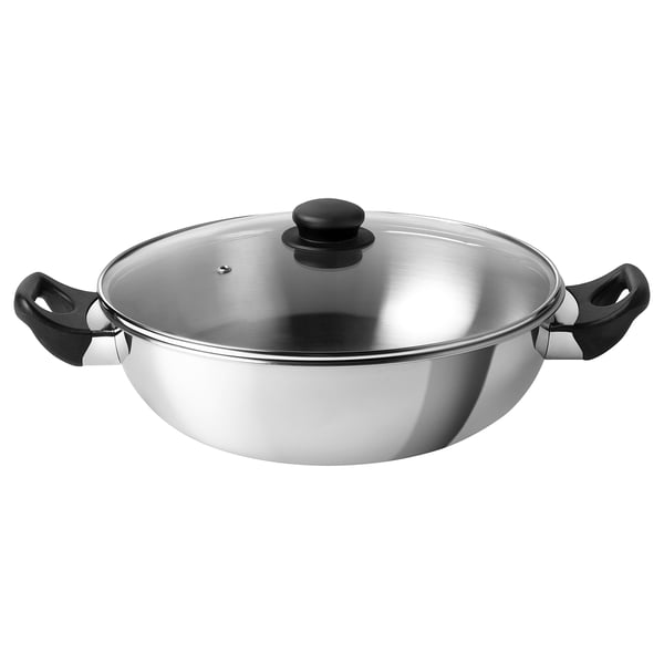 GULDSPARID silver wok with glass lid; stainless steel, wide flat base, sloping sides, two handles.