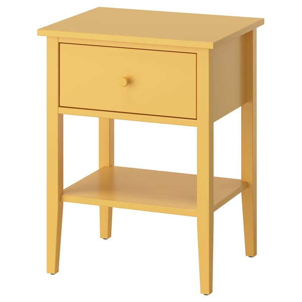 Bright yellow GULLABERG bedside table with single drawer and bottom shelf. Square, simple design, sturdy wood construction.