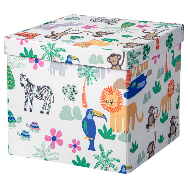 Colourful jungle-themed storage box with animals & plants, white base, square shape.