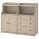 HAUGA storage: beige 3-drawer chest & 2-door cabinet with shelves.