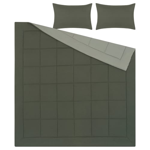 HEDFRYLE green bed set, soft recycled polyester, comforter & pillow shams.