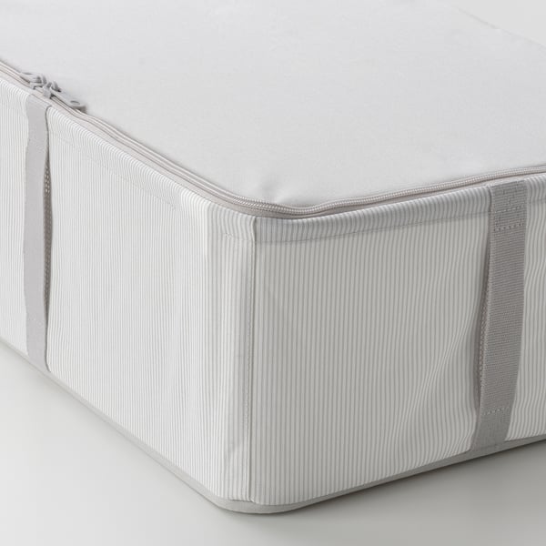 Stackable fabric storage box with sturdy frame, zip, and loop fastener. Ideal for organising clothes and items. Part of the HEMMAFIXARE series.