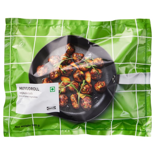 Package of IKEA HUVUDROLL vegetable balls, 500g, showing cooked veggie balls in a pan.