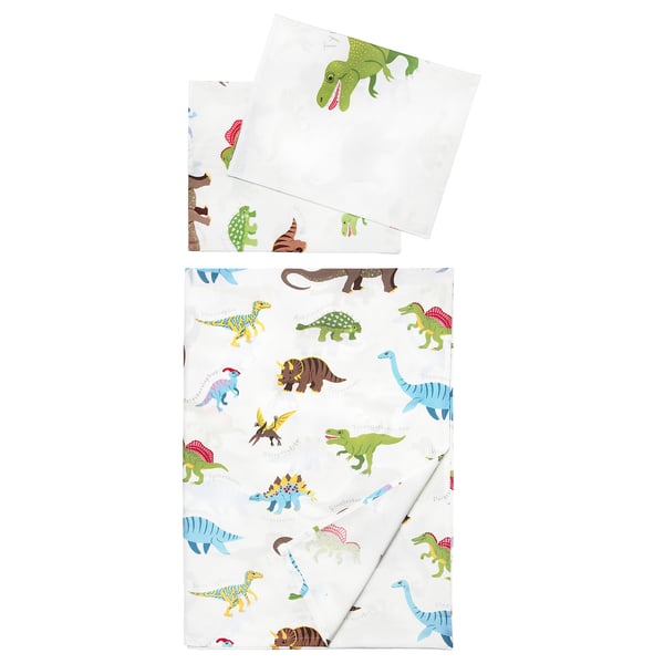 JÄTTELIK Flat sheet and 2 pillowcase, Dinosaurs/white, 240x260/50x80 cm