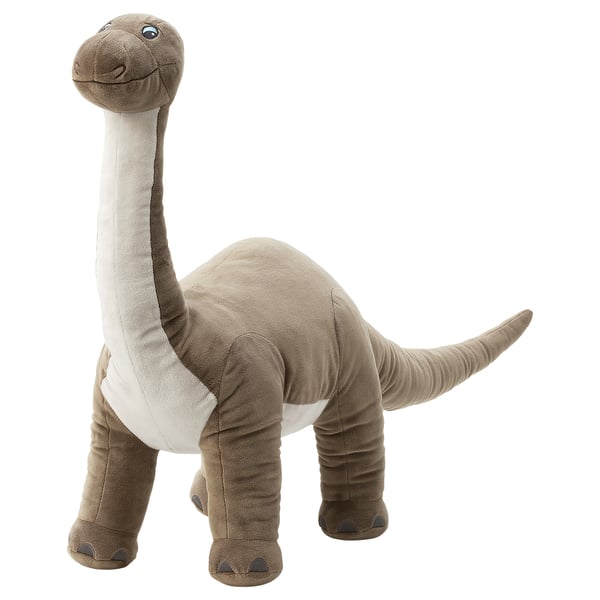 Grey & white dinosaur cuddly toy with long neck, friendly design.