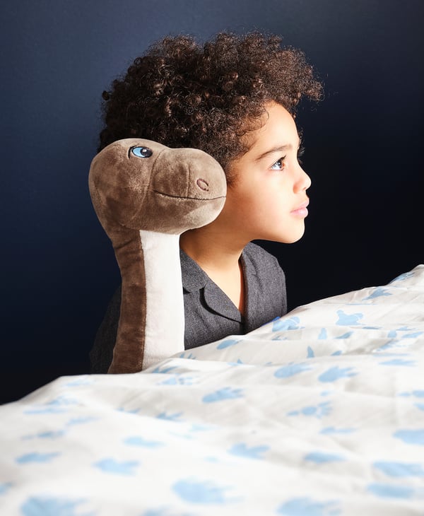 Child holding large brown brontosaurus dinosaur toy, blue eyes, on bed with blue cloud-patterned sheet.