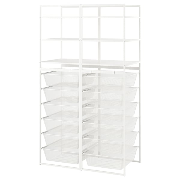 A JONAXEL white metal storage system with multiple shelves and mesh baskets, ideal for organising items in various rooms.