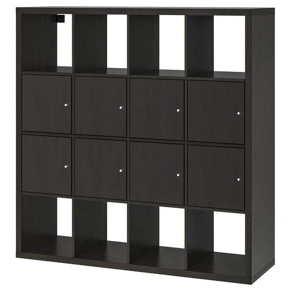 Black KALLAX shelving unit with mix of open and closed compartments for versatile storage.