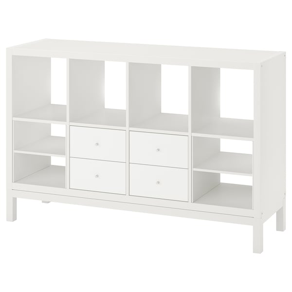 A white KALLAX shelving unit with drawers and open compartments. Modern, minimalist design for storage.