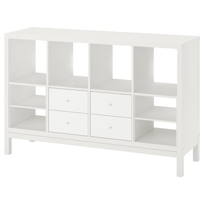 A white KALLAX shelving unit with drawers and open compartments. Modern, minimalist design for storage.