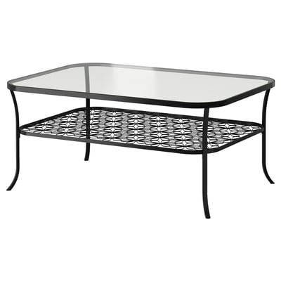 KLINGSBO glass coffee table, sleek black metal frame, lower wire shelf, geometric design.