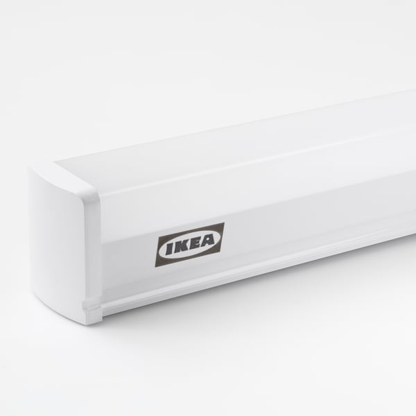 Led batten light by IKEA, sleek white housing, durable materials, displays brand label clearly.