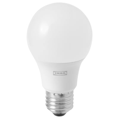 A KNOPPSLINGA led bulb. Its white, spherical, and made from aluminium and plastic. Perfect for bright lighting.