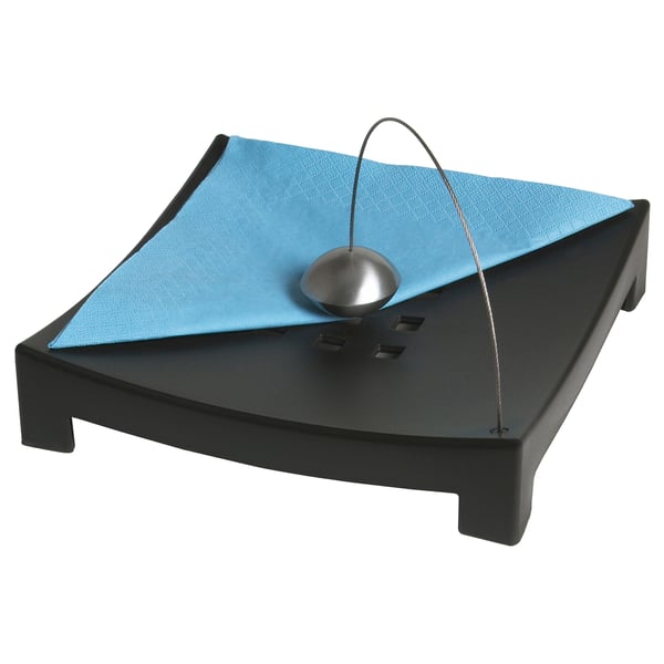 KNYCK black napkin holder with blue napkins and metallic ball dispenser.