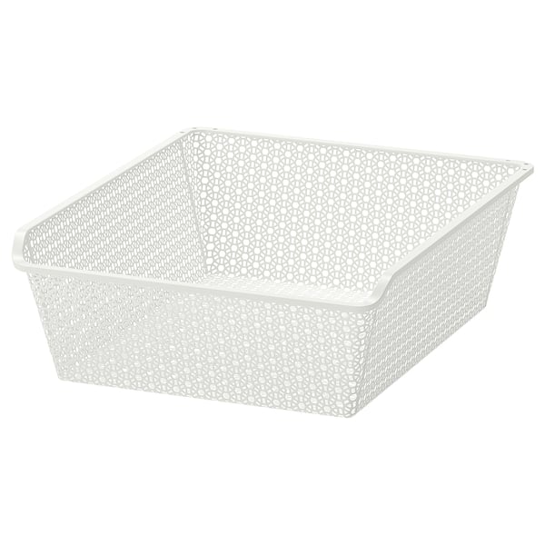 A white KOMPLEMENT metal mesh basket. Rectangular, it’s designed for storing clothes and accessories. The sides have a perforated pattern for airflow.