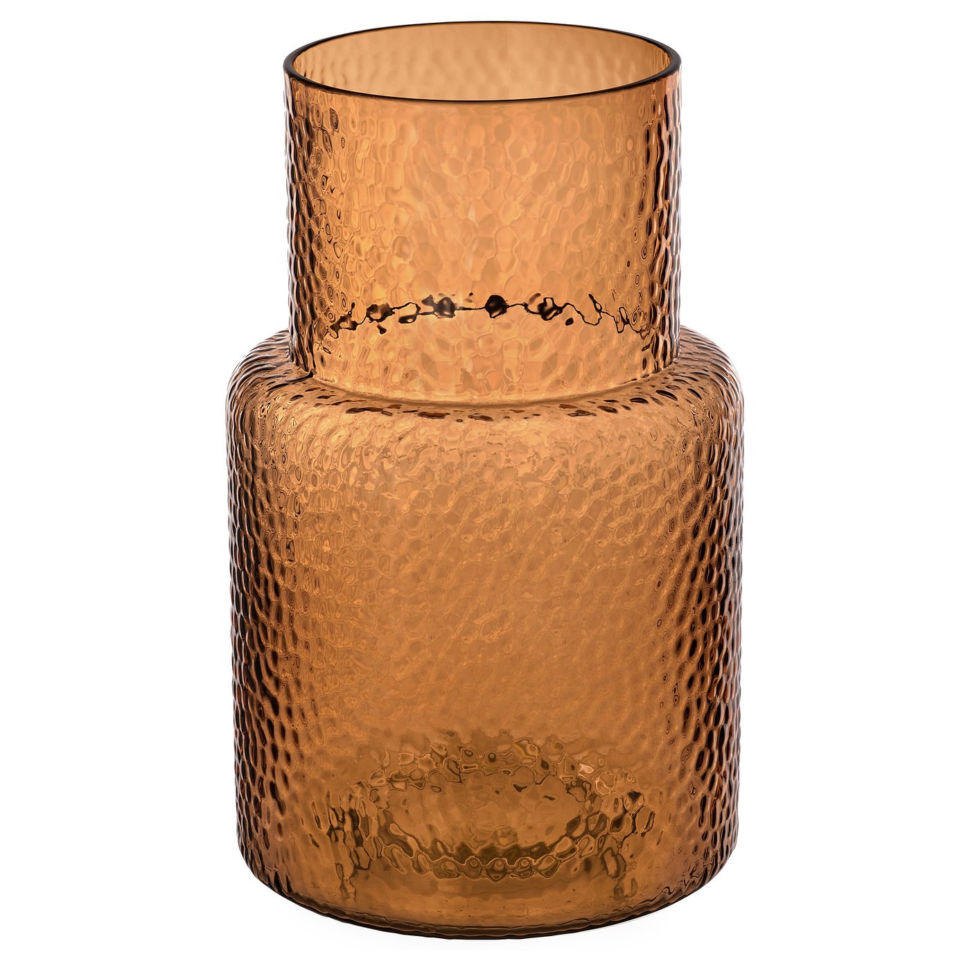 KONSTFULL amber glass vase. Cylindrical shape, textured surface, distinctive ring design.