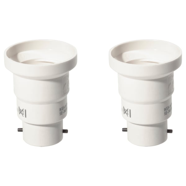 Two white plastic KOPPLA adapters convert b22 sockets to e27.